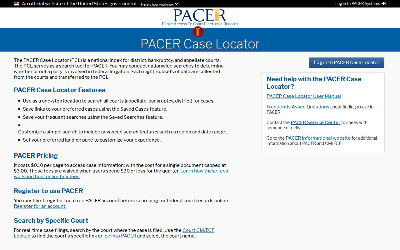 Bevier court docket search distinguishes Case.net from PACER Case Locator