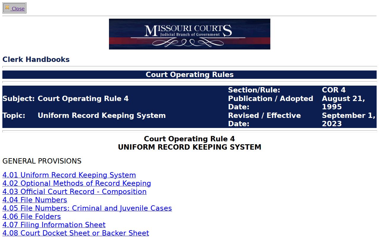 Macon County court docket record system under Missouri Court Operating Rule 4